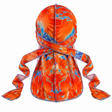 Elite Pattern Atomic Orange Durag - premium durag back view showing wrap straps, tail and stitching