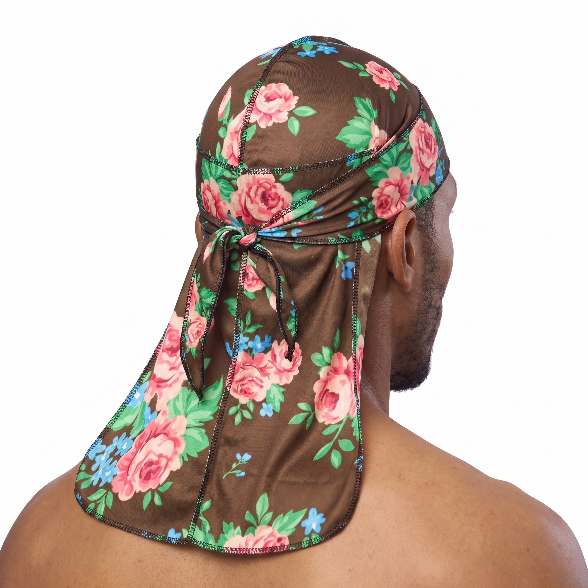 Brown Pink Retro Roses floral Satin Silky Durag worn by male model, back view showing tied wrap and tail