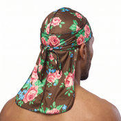 Brown Pink Retro Roses floral Satin Silky Durag worn by male model, back view showing tied wrap and tail