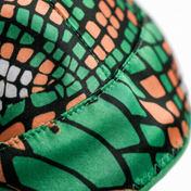 Green and Orange Famu reptile snakeskin Satin Silky Durag fabric close-up showing Green and Orange Famu reptile snakeskin print and stitching detail