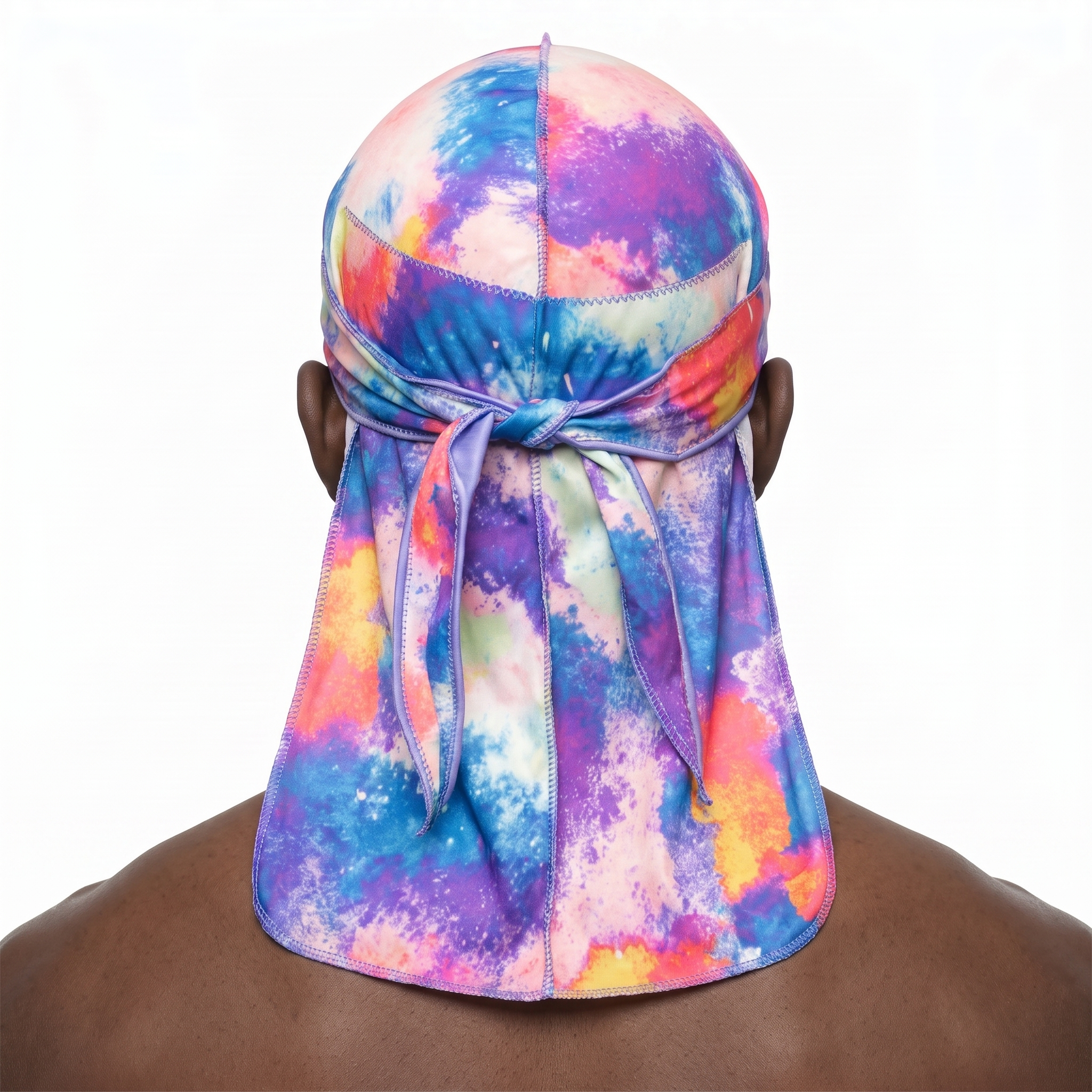 Pastel Cool Satin Silky Durag worn by male model, back view showing tied wrap and tail