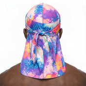 Pastel Cool Satin Silky Durag worn by male model, back view showing tied wrap and tail