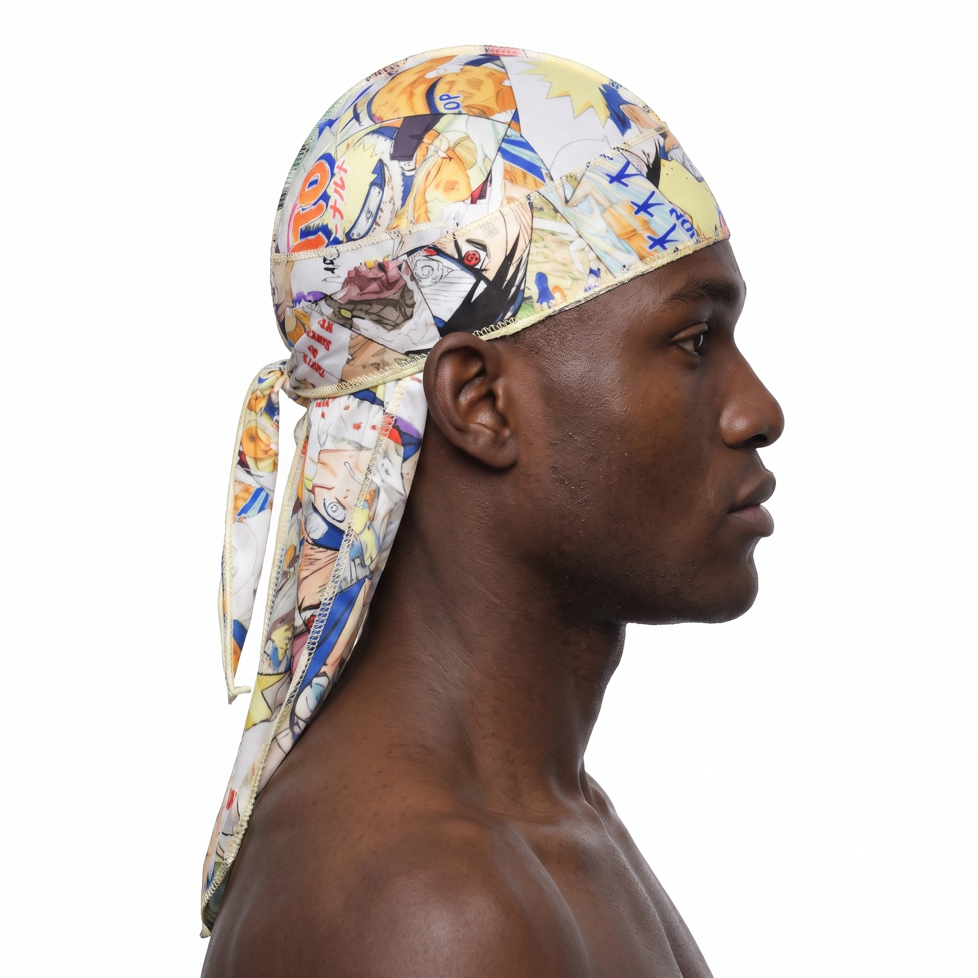 Naruto anime graphic Satin Silky Durag worn by male model, side profile showing fit and tail drape