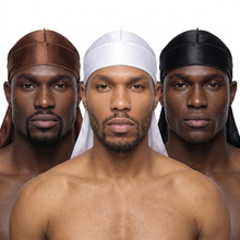 Premium Silk Durag Bundle Coffee Brown - three models wearing Coffee Brown, White and Black heavy silky durags