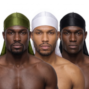 Premium Silk Durag Bundle Olive Green - three models wearing Olive Green, White and Black heavy silky durags