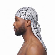Grey Brains graphic Satin Silky Durag worn by male model, side profile showing fit and tail drape