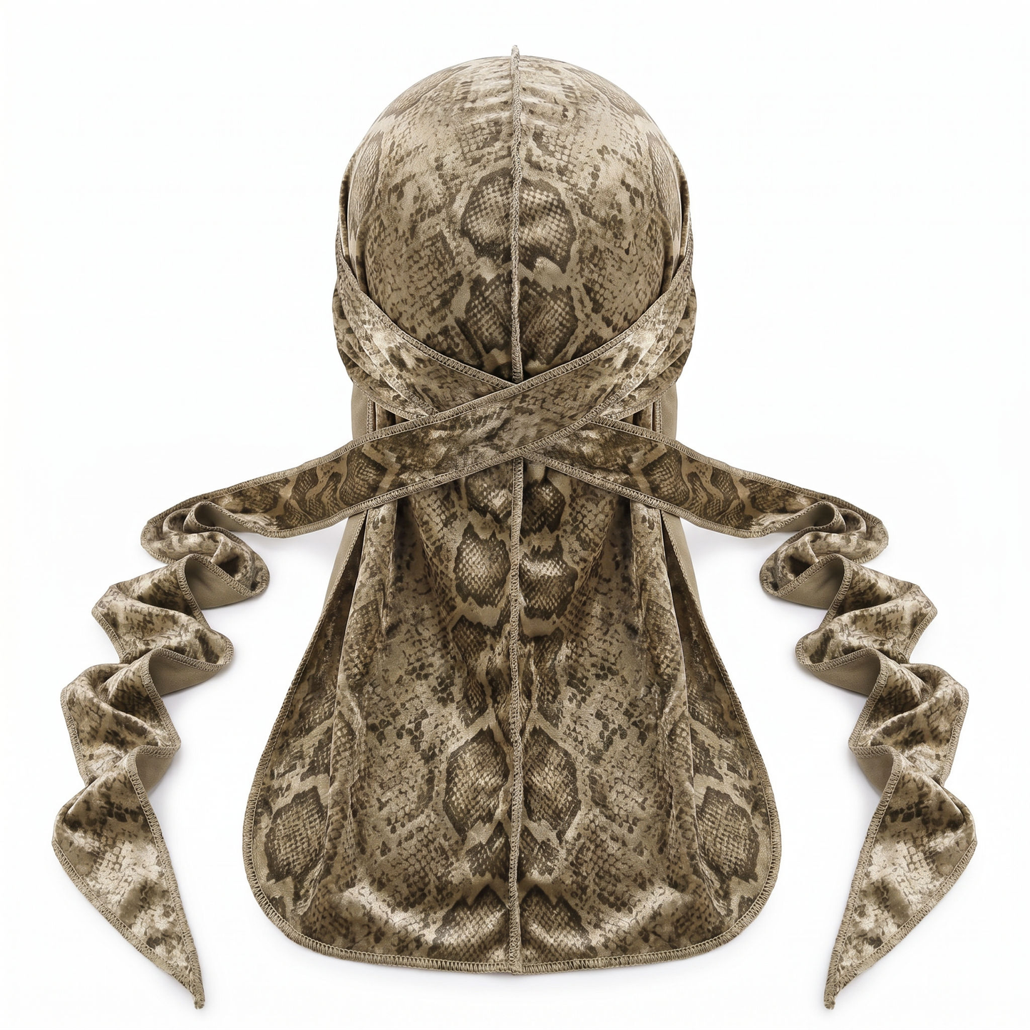 Elite Pattern Khaki Snake-Print Velvet Durag - premium durag back view showing wrap straps, tail and stitching