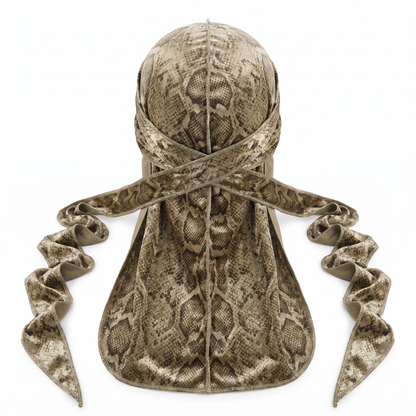 Elite Pattern Khaki Snake-Print Velvet Durag - premium durag back view showing wrap straps, tail and stitching