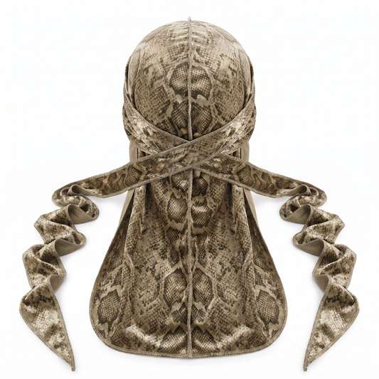 Elite Pattern Khaki Snake-Print Velvet Durag - premium durag back view showing wrap straps, tail and stitching