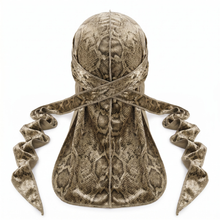Elite Pattern Khaki Snake-Print Velvet Durag - premium durag back view showing wrap straps, tail and stitching