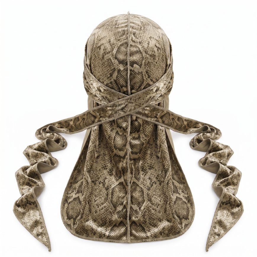 Elite Pattern Khaki Snake-Print Velvet Durag - premium durag back view showing wrap straps, tail and stitching