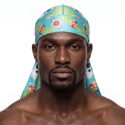 Cinco De Mayo Turquoise festive Satin Silky Durag worn by male model, front view on white background