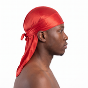 Premium Toronto Red Silk Durag worn by male model, side profile showing fit and tail drape