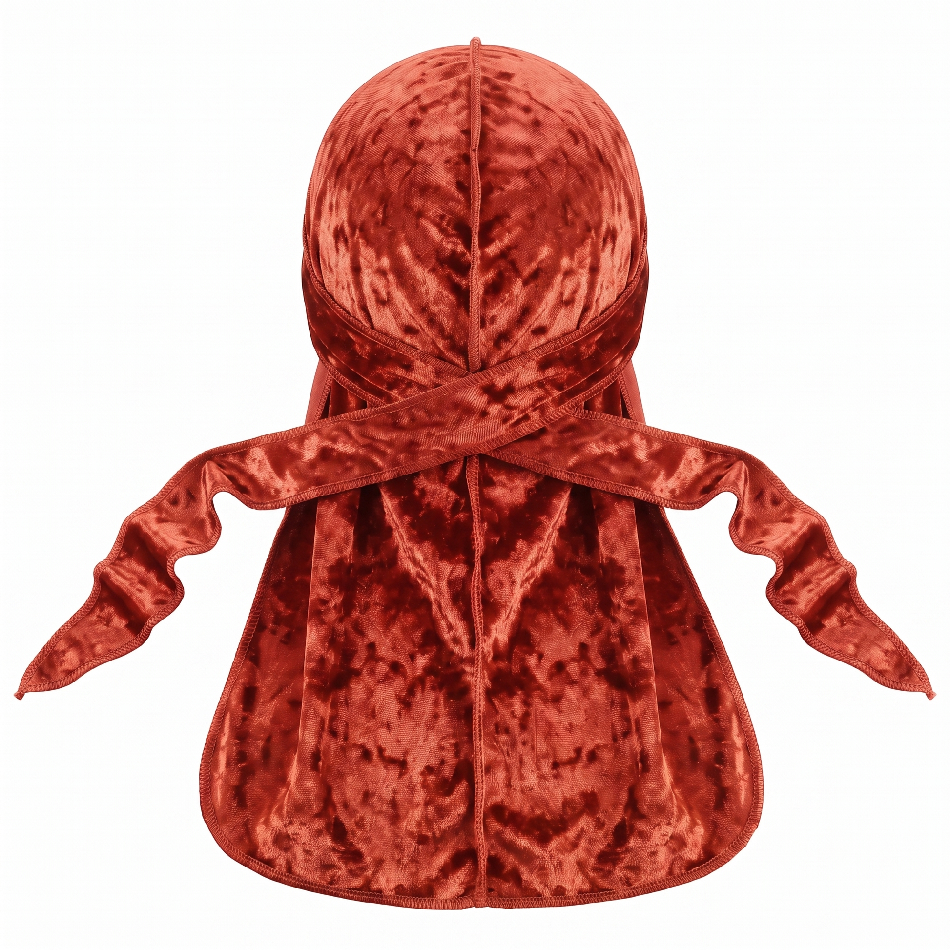 Premium Crushed Velvet Brown Sandstone Durag - premium crushed velvet durag back view showing wrap straps, tail and stitching