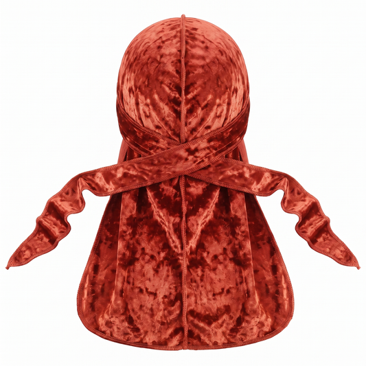 Premium Crushed Velvet Brown Sandstone Durag - premium crushed velvet durag back view showing wrap straps, tail and stitching