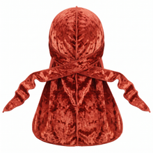 Premium Crushed Velvet Brown Sandstone Durag - premium crushed velvet durag back view showing wrap straps, tail and stitching