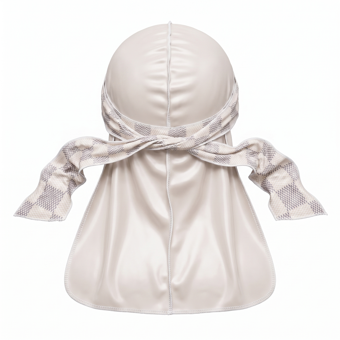 Checkered Cream Satin Silky Durag - premium silky durag back view showing wrap straps, tail and stitching