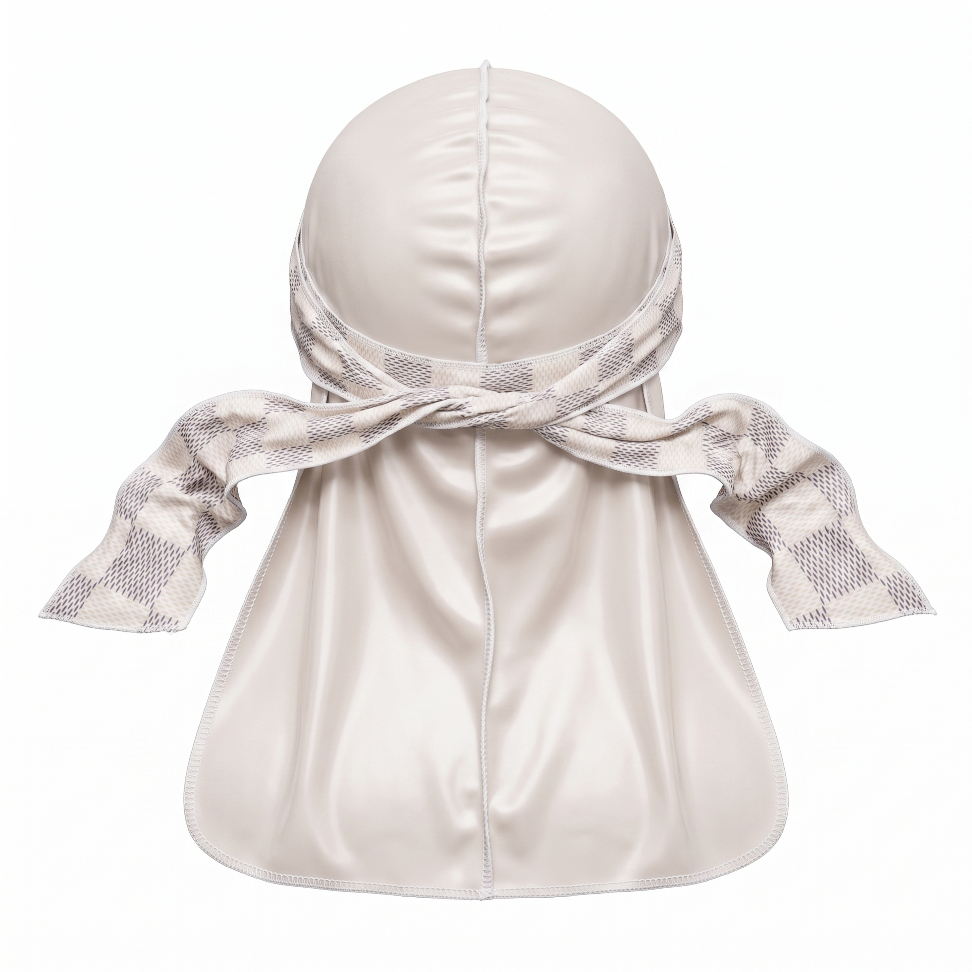 Checkered Cream Satin Silky Durag - premium silky durag back view showing wrap straps, tail and stitching