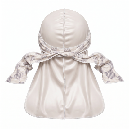 Checkered Cream Satin Silky Durag - premium silky durag back view showing wrap straps, tail and stitching