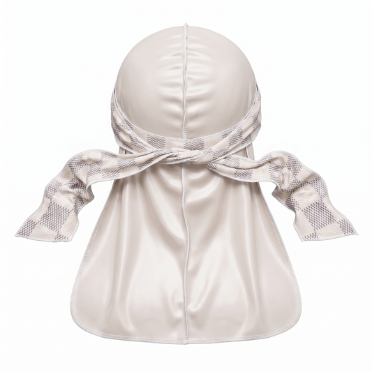 Checkered Cream Satin Silky Durag - premium silky durag back view showing wrap straps, tail and stitching