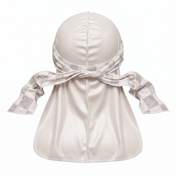 Checkered Cream Satin Silky Durag - premium silky durag back view showing wrap straps, tail and stitching