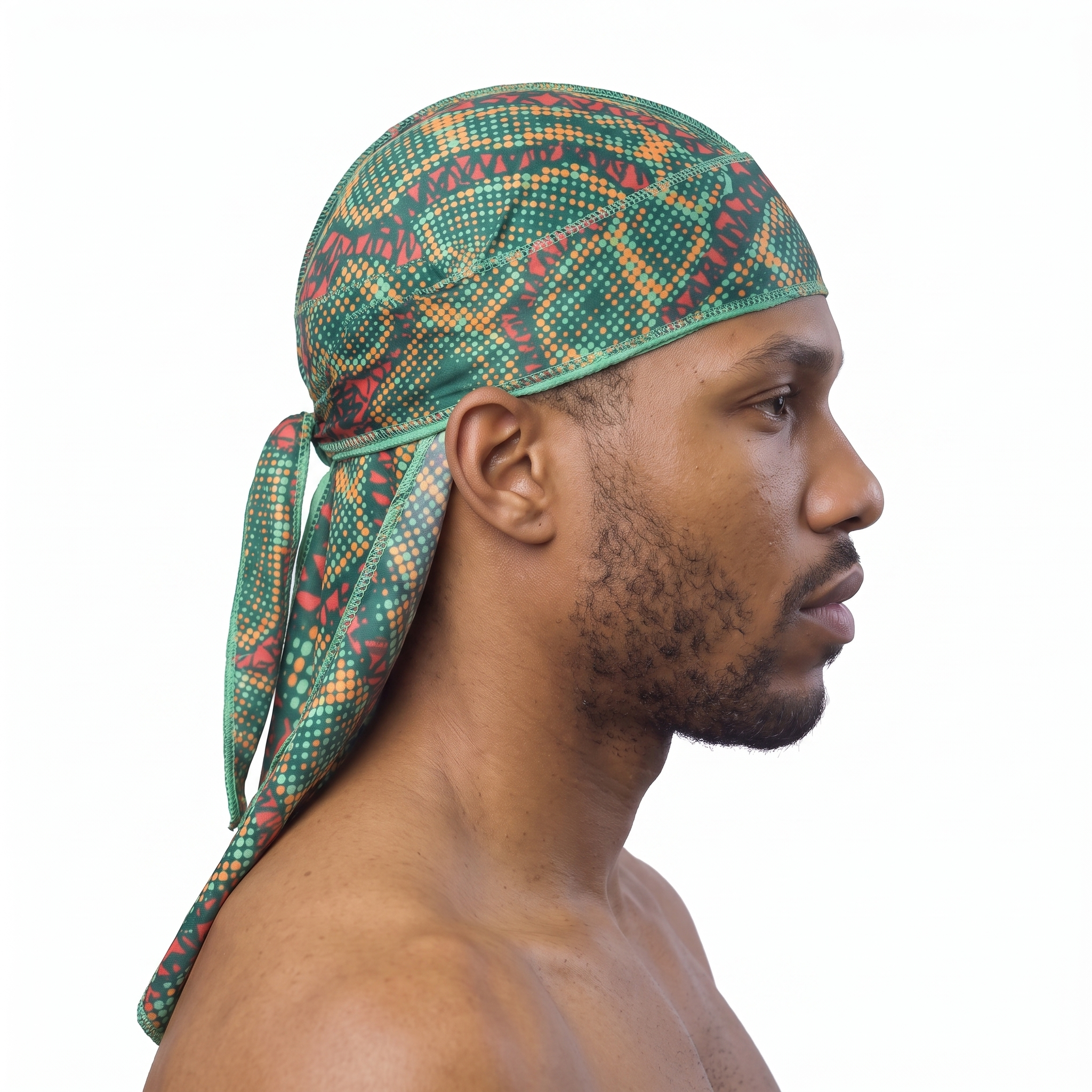 Digital Chameleon Prey pixel camo Satin Silky Durag worn by male model, side profile showing fit and tail drape