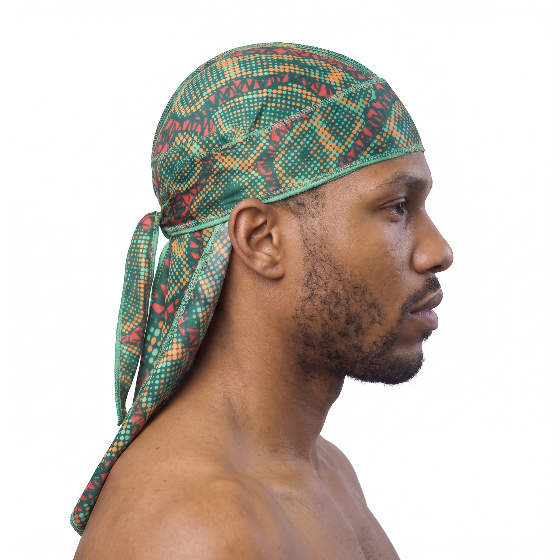Digital Chameleon Prey pixel camo Satin Silky Durag worn by male model, side profile showing fit and tail drape