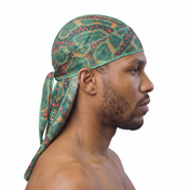Digital Chameleon Prey pixel camo Satin Silky Durag worn by male model, side profile showing fit and tail drape