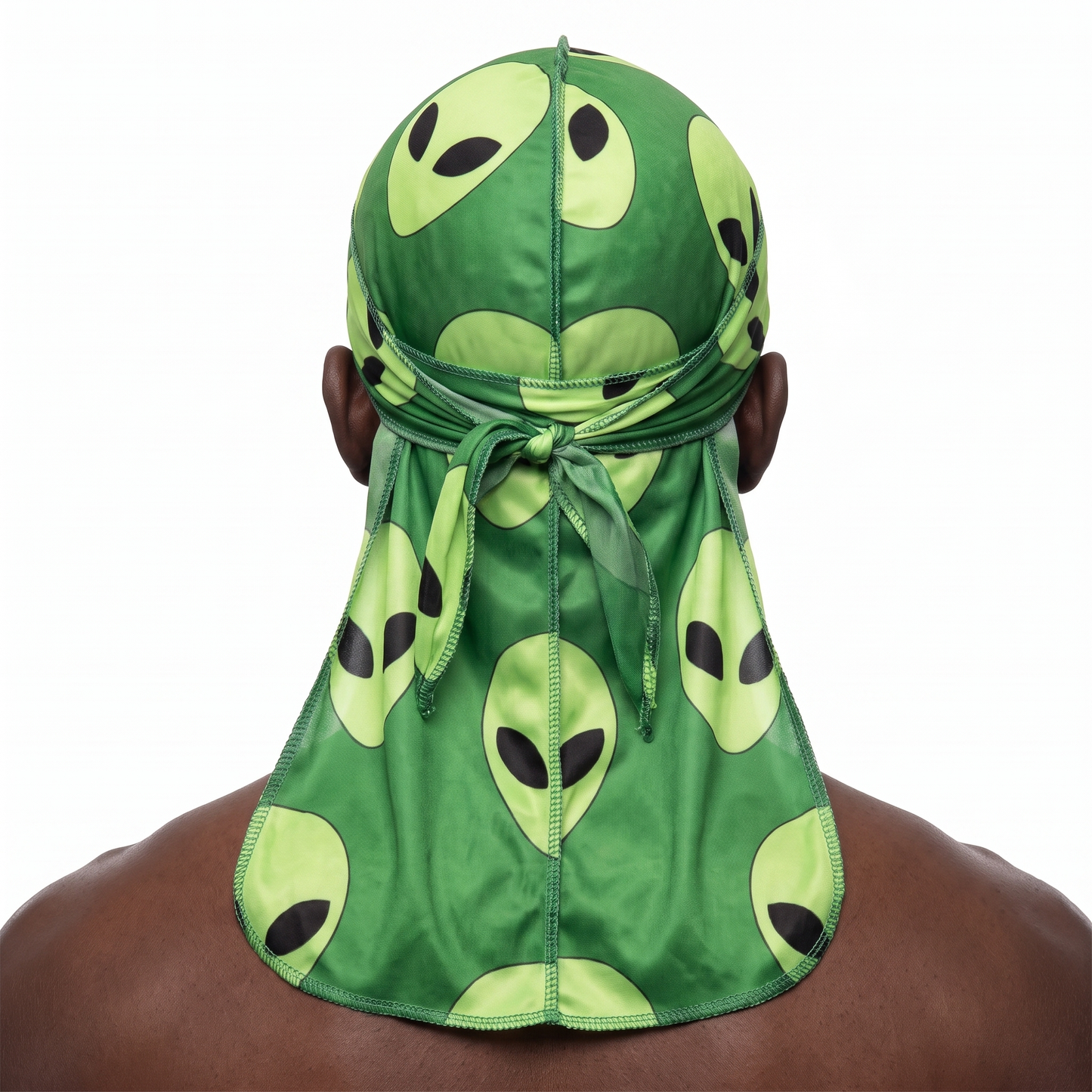 Alien Green graphic Satin Silky Durag worn by male model, back view showing tied wrap and tail