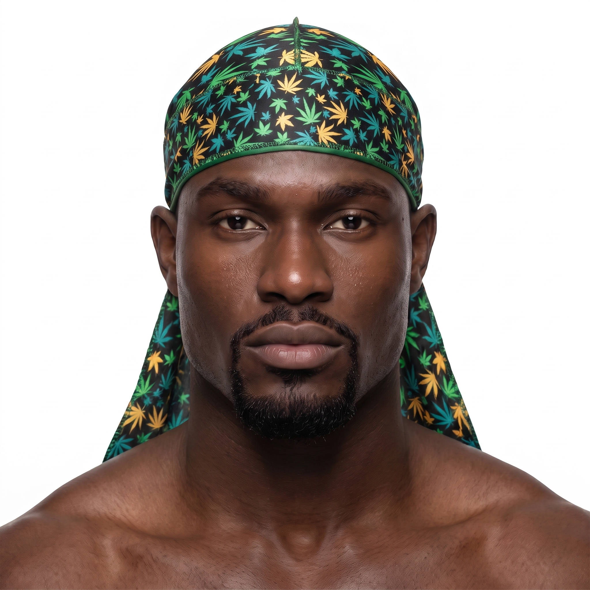 Cannabis Orange Green leaf print Satin Silky Durag worn by male model, front view on white background