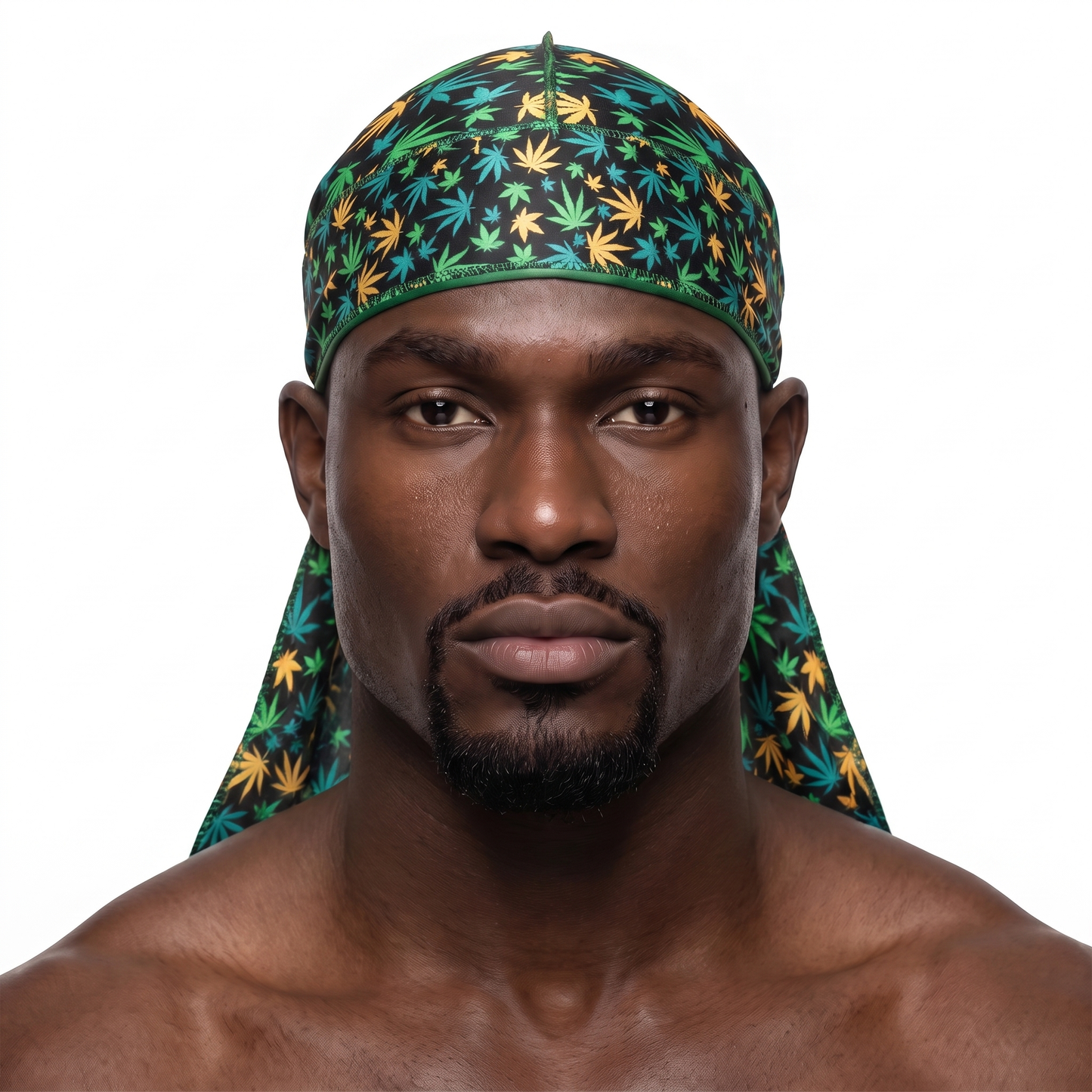 Cannabis Orange Green leaf print Satin Silky Durag worn by male model, front view on white background