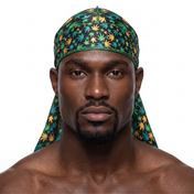 Cannabis Orange Green leaf print Satin Silky Durag worn by male model, front view on white background