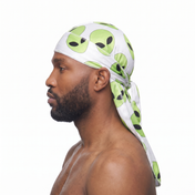 Alien White graphic Satin Silky Durag worn by male model, side profile showing fit and tail drape