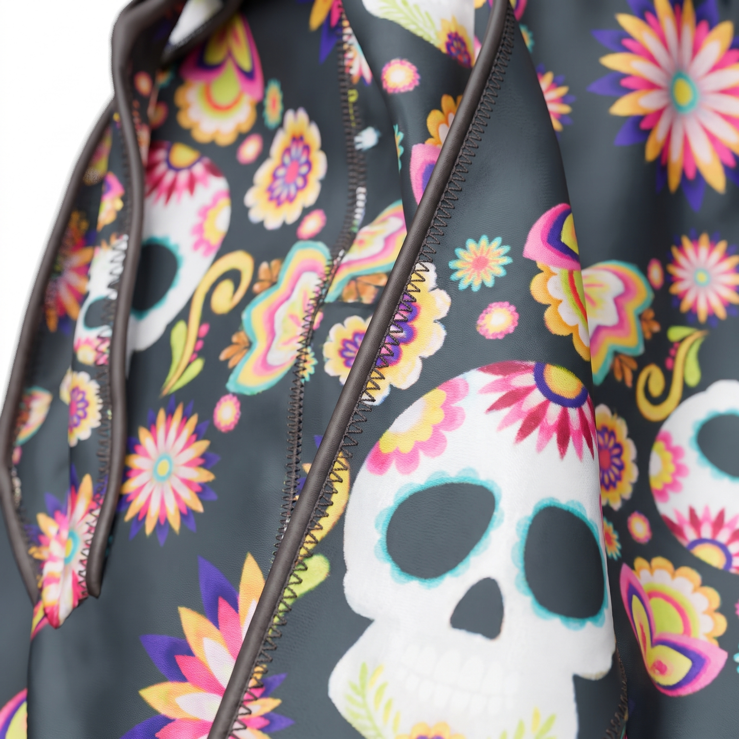 Cinco De Mayo Black festive Satin Silky Durag fabric close-up showing Cinco De Mayo Black festive print and stitching detail
