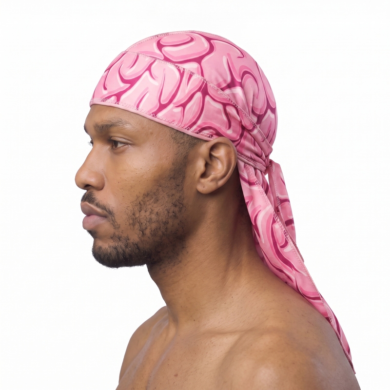 Pink Brains graphic Satin Silky Durag worn by male model, side profile showing fit and tail drape