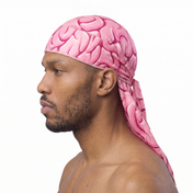 Pink Brains graphic Satin Silky Durag worn by male model, side profile showing fit and tail drape