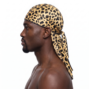 Cheetah spotted animal print Satin Silky Durag worn by male model, side profile showing fit and tail drape