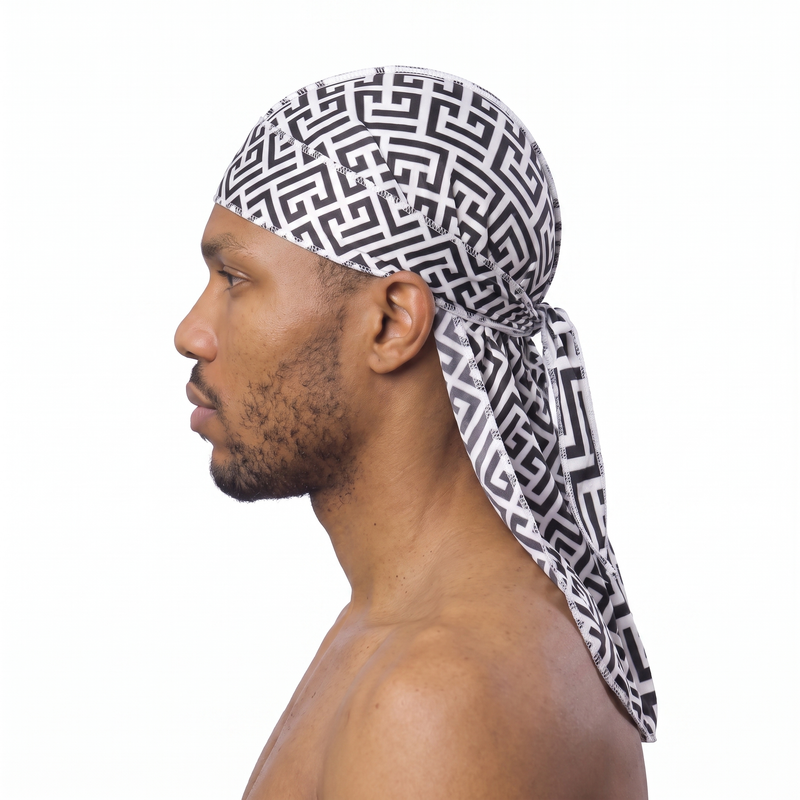 Black and White Maze geometric Satin Silky Durag worn by male model, side profile showing fit and tail drape