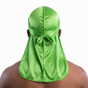 Premium Lime Green Silk Durag worn by male model, back view showing tied wrap and tail