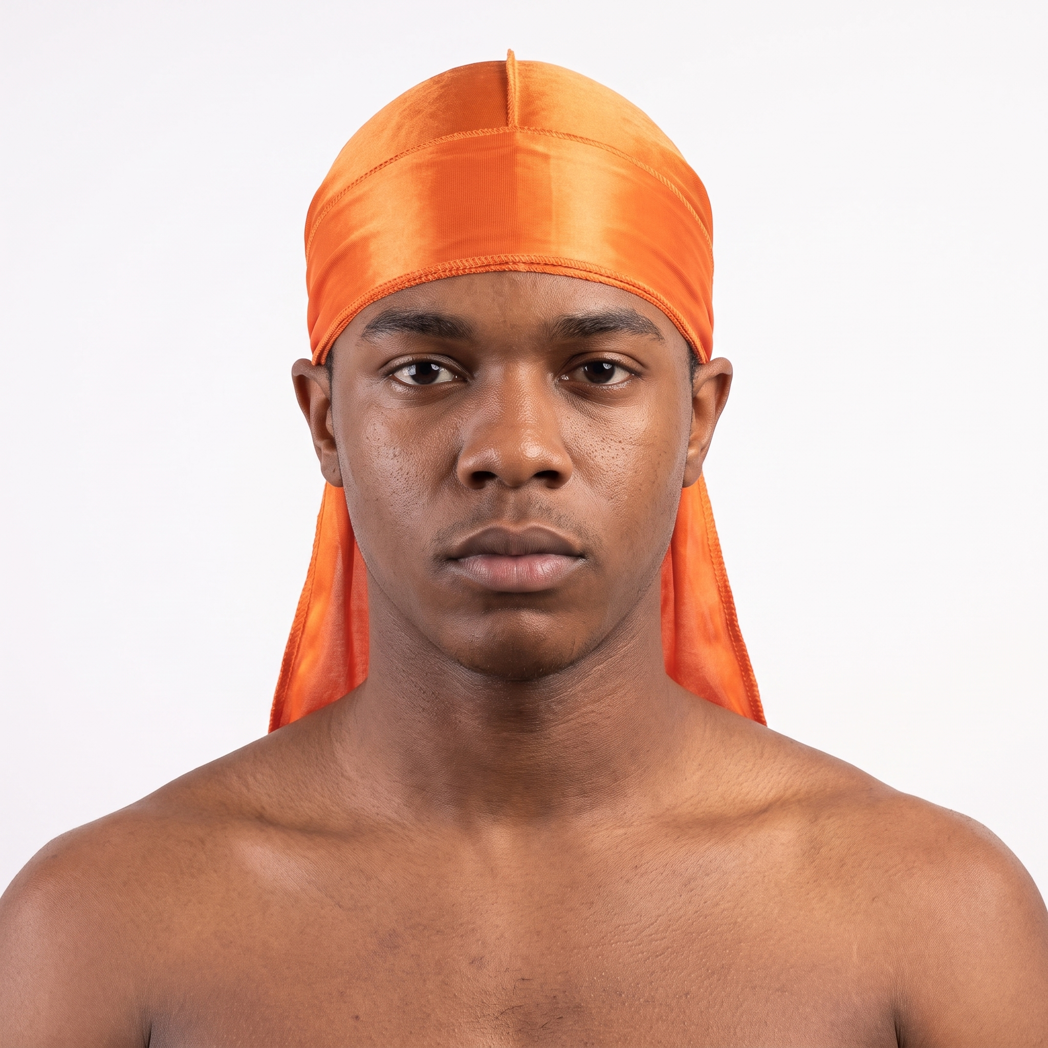 Premium Silk Durag Orange worn by male model, front view on white background