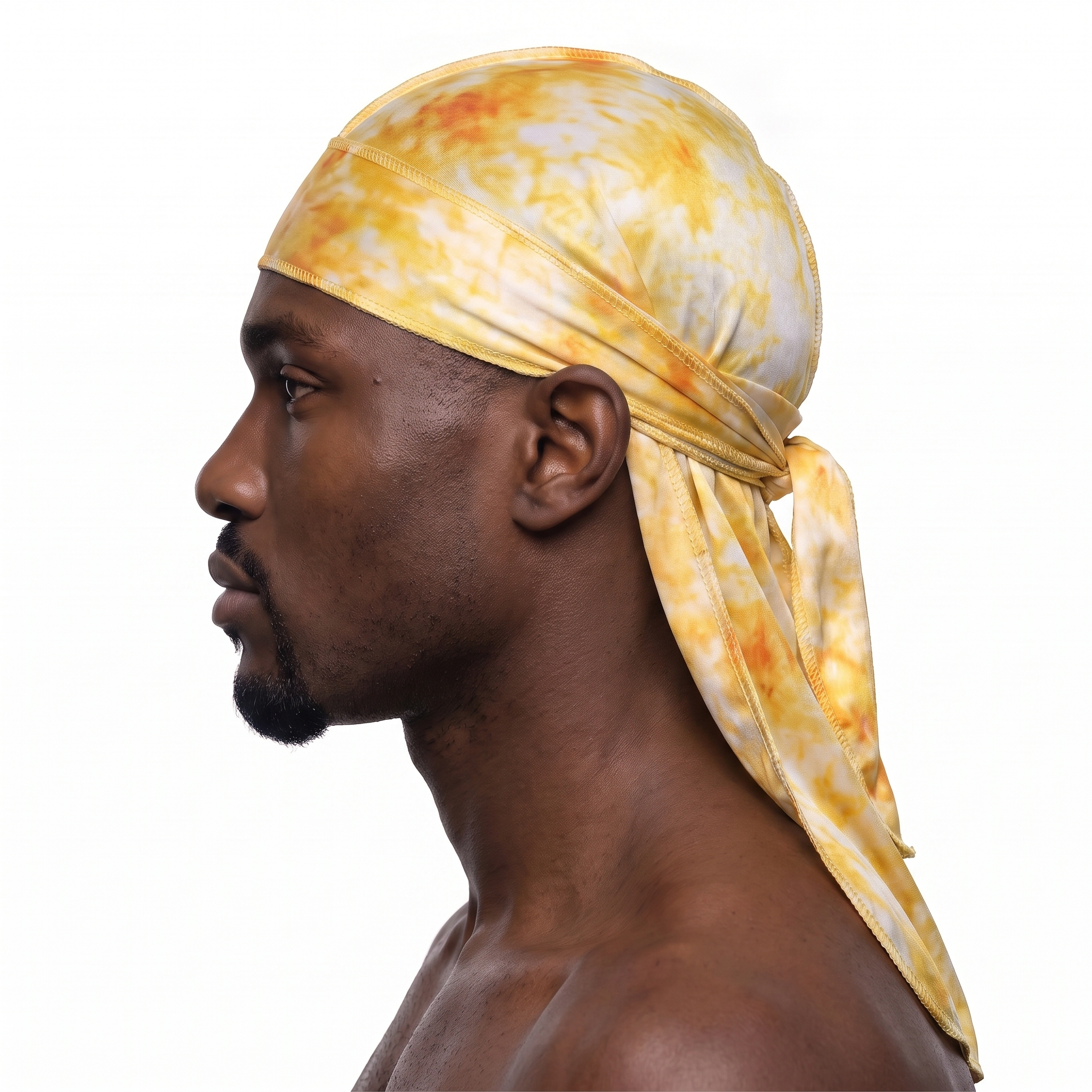 Gold Tye Dye Satin Silky Durag worn by male model, side profile showing fit and tail drape