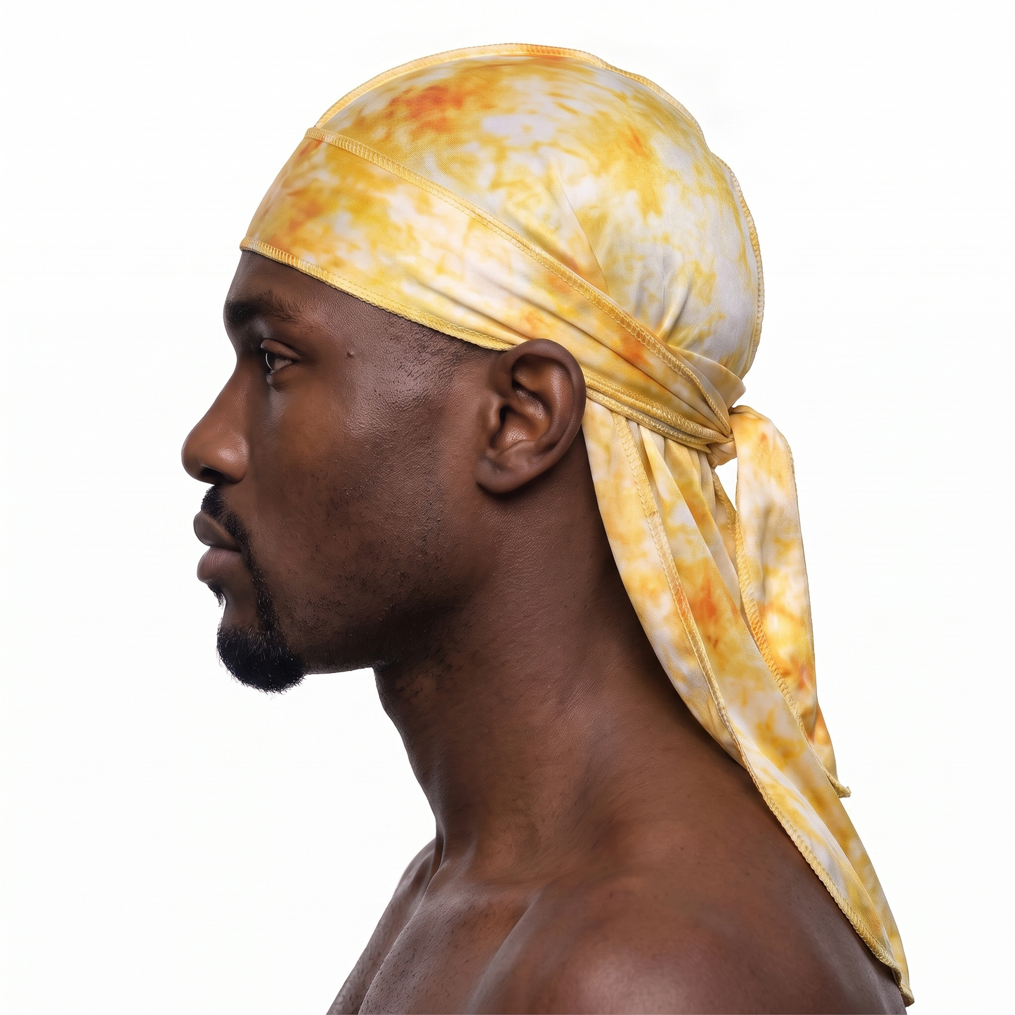 Gold Tye Dye Satin Silky Durag worn by male model, side profile showing fit and tail drape