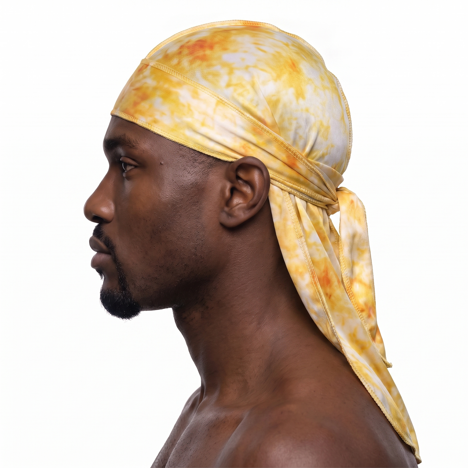 Gold Tye Dye Satin Silky Durag worn by male model, side profile showing fit and tail drape