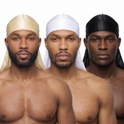 Premium Silk Durag Bundle Champagne - three models wearing Champagne, White and Black heavy silky durags