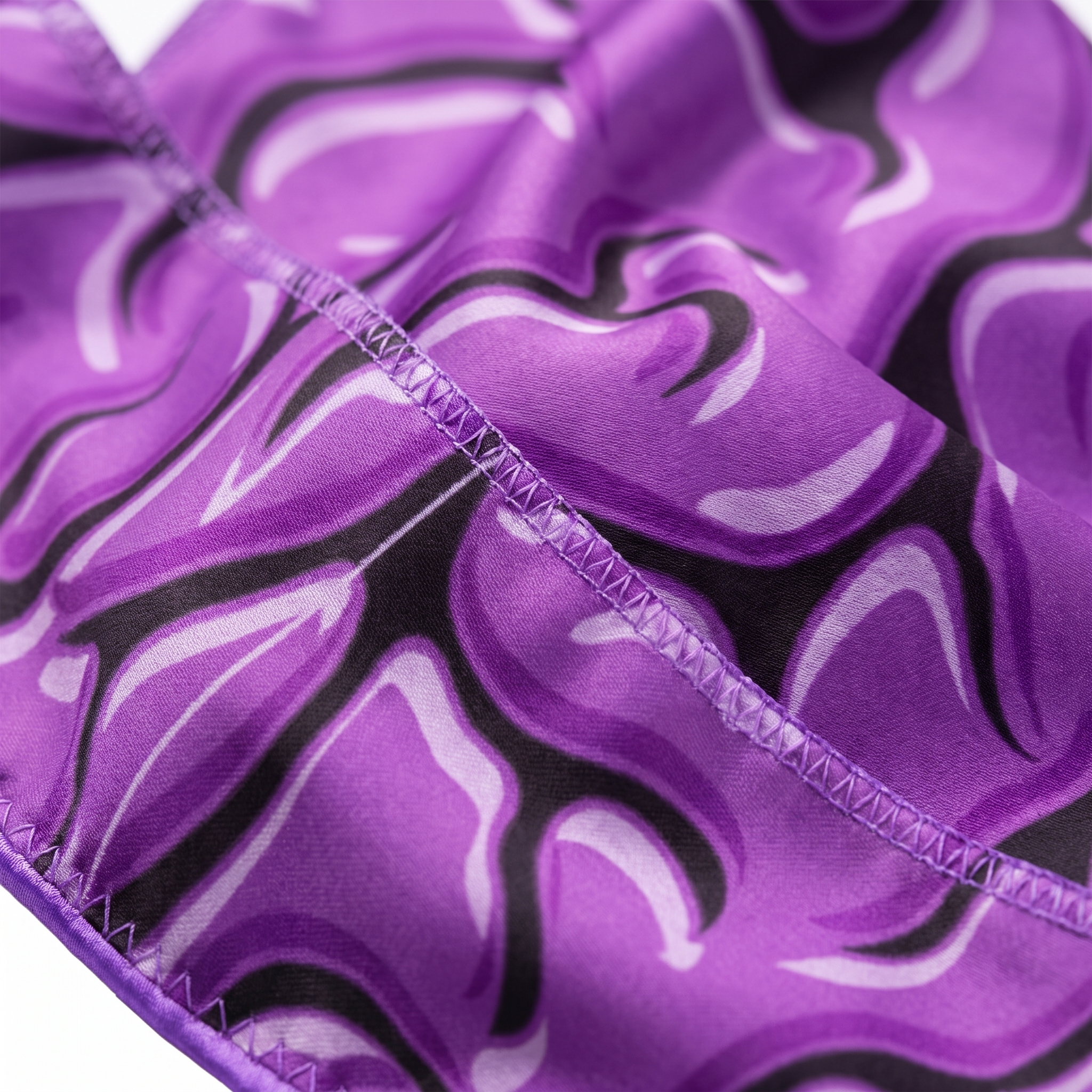 Purple Brains graphic Satin Silky Durag fabric close-up showing Purple Brains graphic print and stitching detail