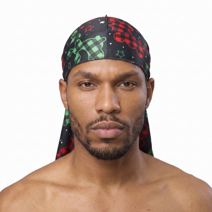 Christmas Time Black holiday Satin Silky Durag worn by male model, front view on white background