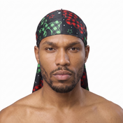 Christmas Time Black holiday Satin Silky Durag worn by male model, front view on white background