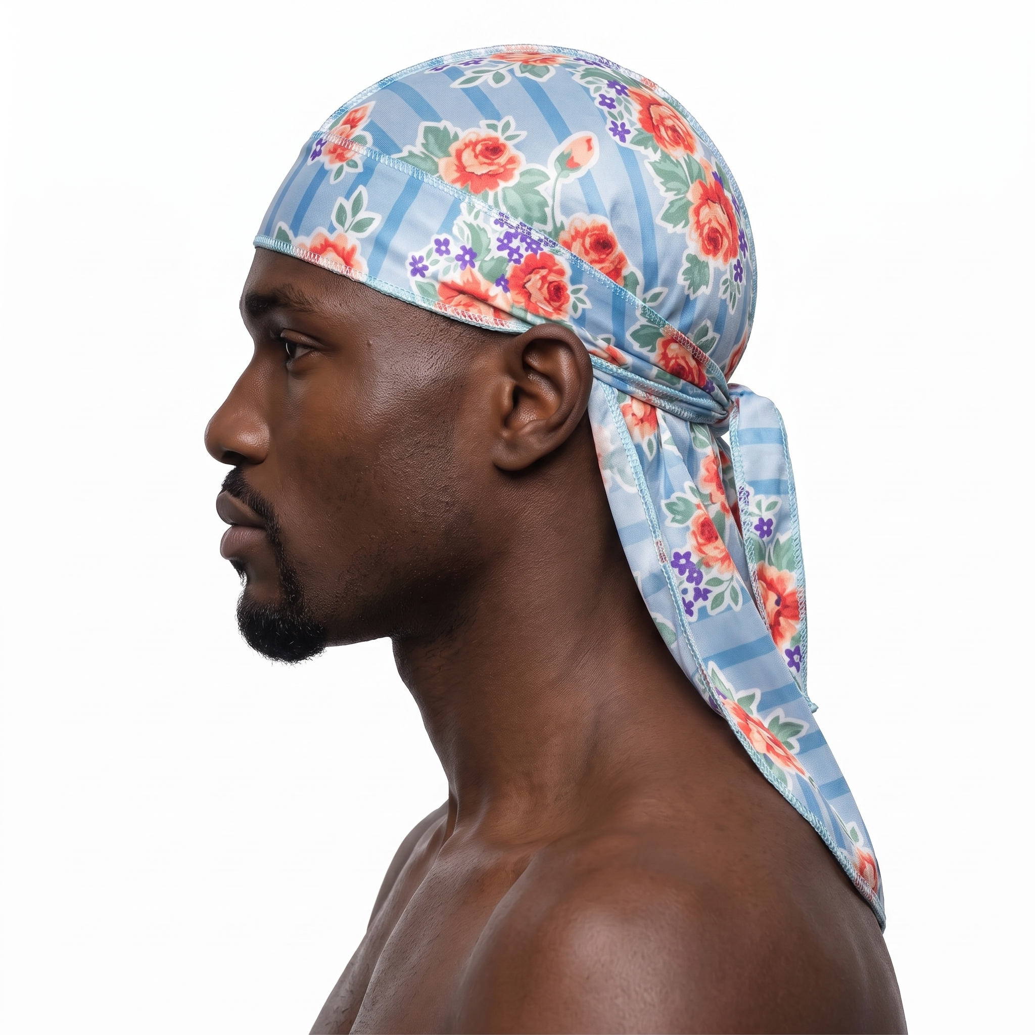 Denim Jean Retro Roses floral Satin Silky Durag worn by male model, side profile showing fit and tail drape