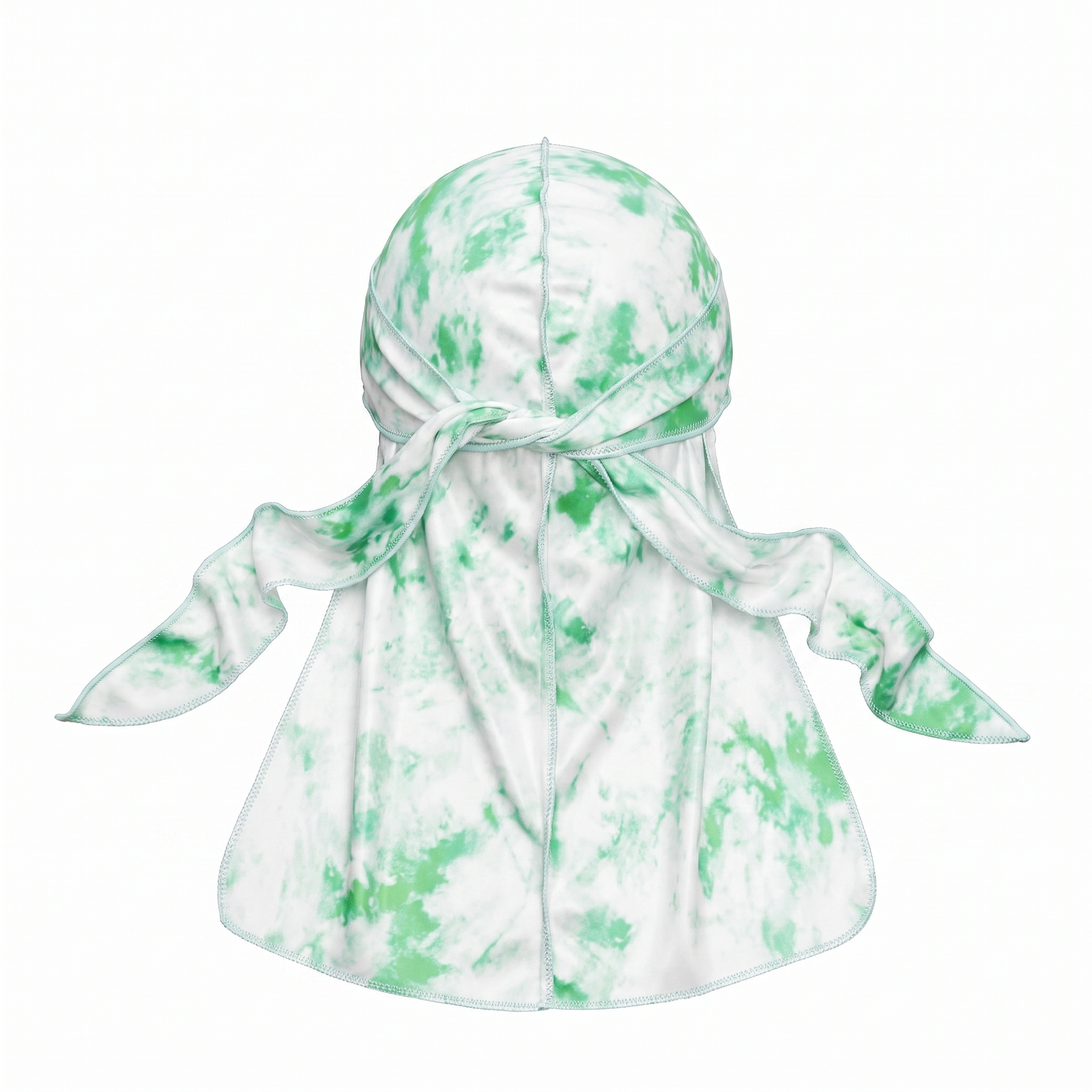 Green Tye Dye Satin Silky Durag - premium silky durag back view showing wrap straps, tail and stitching