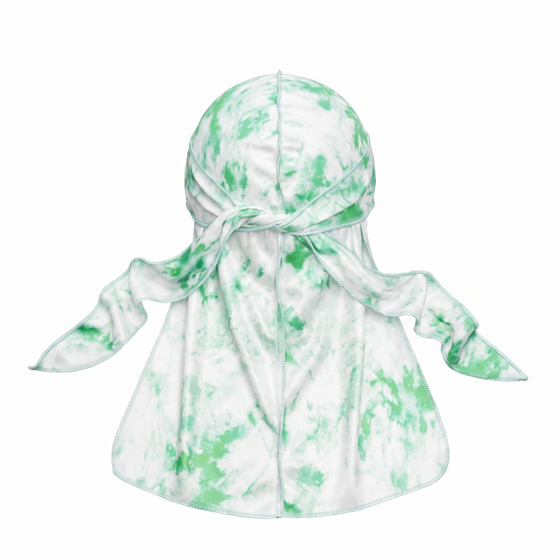 Green Tye Dye Satin Silky Durag - premium silky durag back view showing wrap straps, tail and stitching